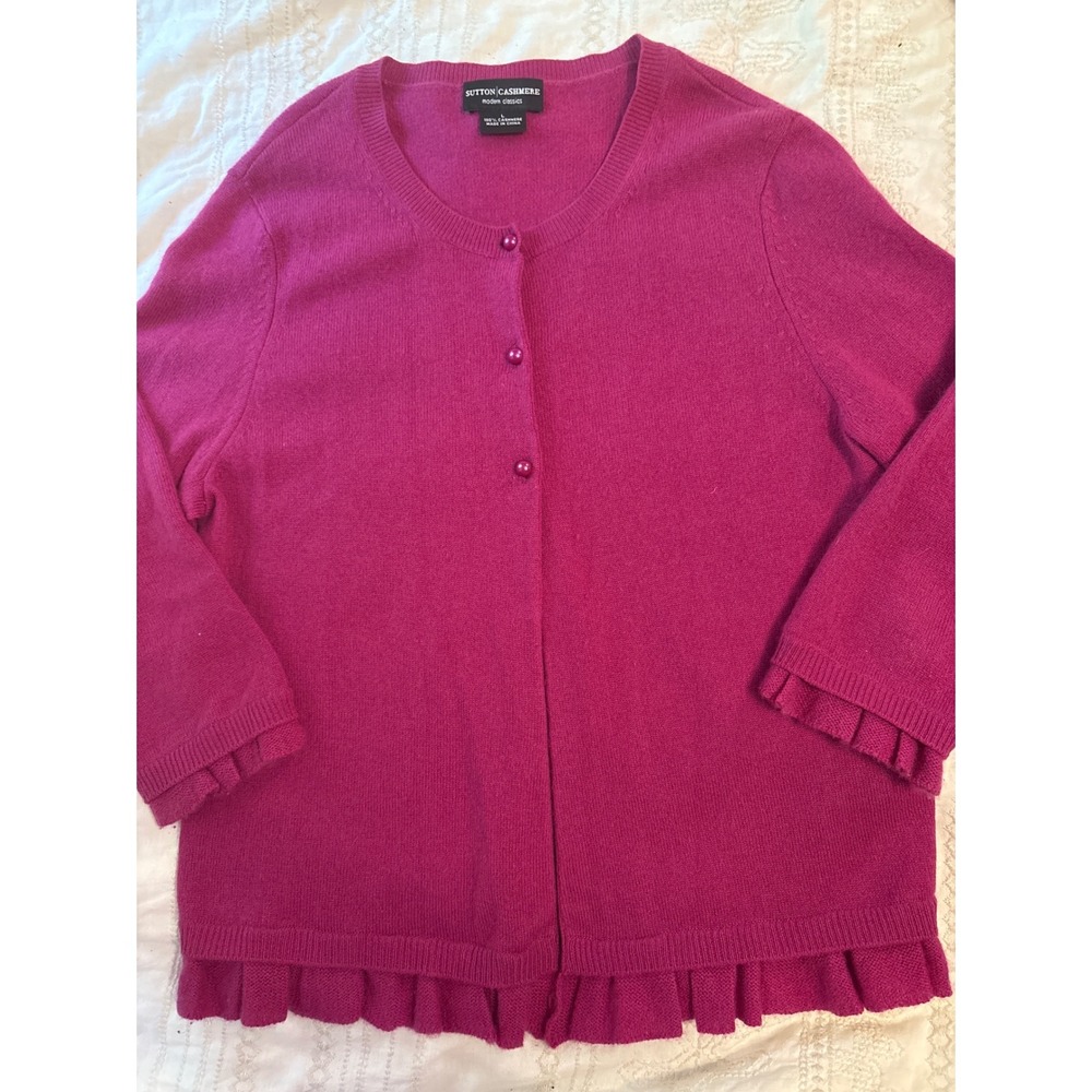 Sutton Cashmere Fuschia Ruffle Trim 3/4 Sleeve Cardigan Sweater, Large
